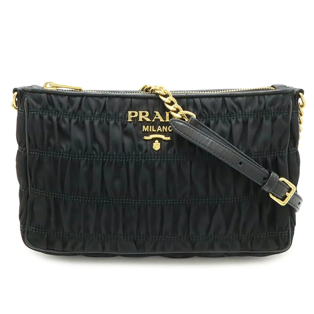 Prada Gathered Shoulder Bag Chain Crossbody Leather NERO Black